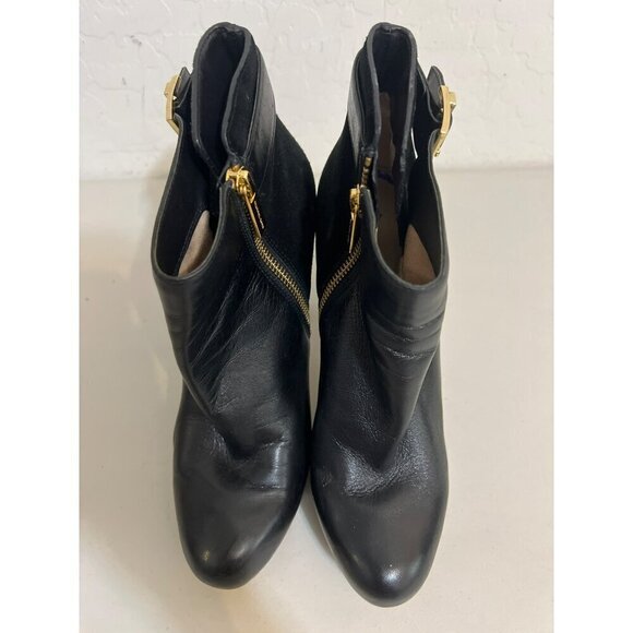 Michael Michael Kors Stacked Heel Bootie Gold Zipper Leather Suede Mix Sz 8.5 - Picture 2 of 11